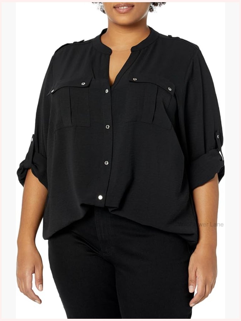 Non-Iron Tunic Roll Sleeve Button Down Shirt Blouse Sportswear